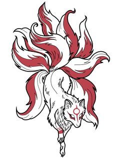 a red and white drawing of a demon with long hair on it's head