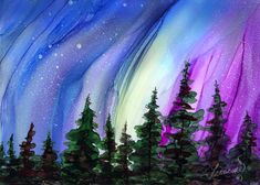 an acrylic painting of trees and the aurora bore in purple, green and blue