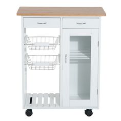 a white kitchen cart with two baskets on the top and one door open to show it's contents