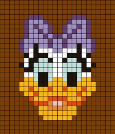 A pixel art template of Daisy Duck's face from Disney's Mickey Mouse. Mickey Mouse Perler Beads, Face Pixel Art, Miki Mouse, Star Wars Quilt, Plastic Canvas Ornaments, Perler Bead Templates