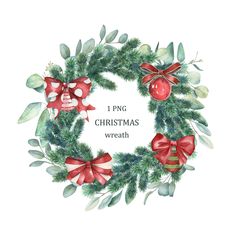 a christmas wreath with red bows and green leaves on white background, watercolor illustration