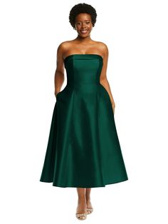 Formal Satin Strapless Midi Dress, Satin Strapless Midi Dress For Gala, A-line Midi Dress With Pockets For Party, Elegant Evening Midi Dress With Pockets, Black Satin Bridesmaid Dress, Hunter Green Dresses, Midi Bridesmaid Dress, Senior Prom Dresses, Draped Midi Dresses