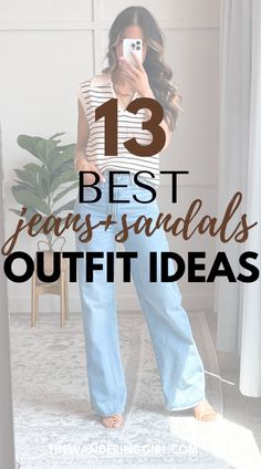 Save this pin for 13+ super cute outfits with jeans and sandals! If you want to wear flare jeans, mom jeans, blue jeans, bootcut jeans, white jeans, or wide leg jeans with sandals, then you'll love these ideas. Tap to learn more on how to style jeans with sandals! Summer Jean Outfits 2024, How To Style Bootcut Jeans, Brown Bodysuit Outfit, How To Style Wedges, Bodysuit Outfit Summer, Wide Leg Jean Outfits