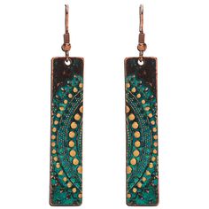 pair of earrings with green and gold designs on them, hanging from copper ear wires