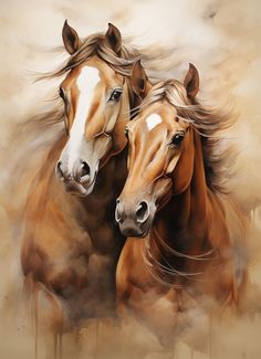 two brown horses standing next to each other on a white ground with clouds in the background