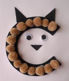 a paper plate with a cat's head on it and some pom - poms around the eyes