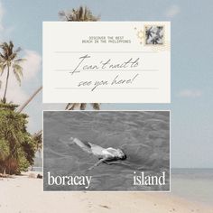 a postcard with an image of a man swimming in the ocean and on the beach