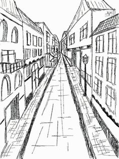 a drawing of an alley way with buildings