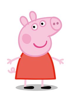 peppa pig in a red dress with black shoes and a smile on his face