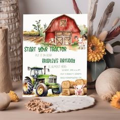 a farm themed birthday card with an illustration of a tractor