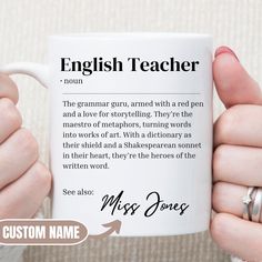 a person holding a coffee mug with an english teacher poem on it's side