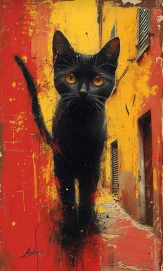 a painting of a black cat on a yellow and red background with an alley way