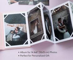 an open photo book with pictures of people on the cover and in the background, there is a pink wall