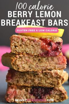 three slices of berry lemon breakfast bars stacked on top of each other with text overlay