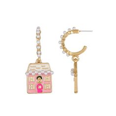 a pair of earrings with a pink house and pearls on the front, and a gold hoop