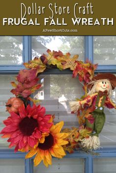 dollar store craft frugal fall wreath with sunflowers and scarecrow on it