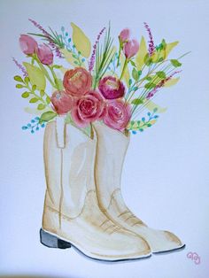 a painting of a boot with flowers in it on a white background and watercolor