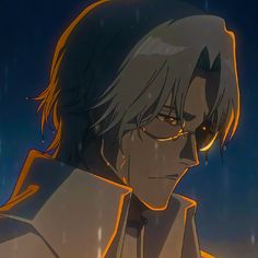 an anime character with long hair and glasses staring at the camera while standing in the rain