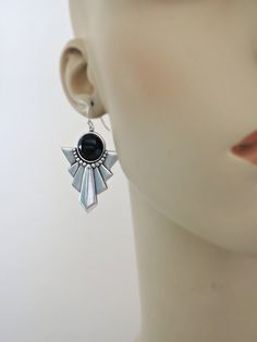 "Vintage Jewelry - Art Deco Earrings - Silver Earrings - Black Earrings - Statement earrings - Chloe's Vintage handmade jewelry Very cool silver plated Art Deco inspired earrings embellished with black faceted vintage glass stones. Chloe says, \"Wear them and feel fabulous!\" They measure 2 1/8\" long from the top of the silver ear wires. Thanks for visiting Chloe's" Unique Black Pierced Earrings, Unique Black Nickel-free Plug Earrings, Art Deco Sterling Silver Dangle Earrings, Handmade Sterling Silver Art Deco Earrings, Art Deco Sterling Silver Drop Earrings, Handmade Art Deco Silver Earrings, Handmade Silver Art Deco Earrings, Art Deco Teardrop Earrings Gift, Handmade Art Deco Dangle Earrings