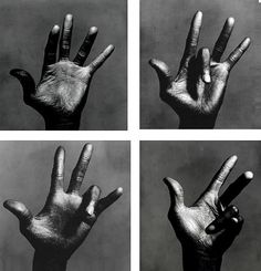 four black and white photographs of hands with fingers extended, showing the number one on each hand