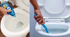 a person is cleaning a toilet with a blue toothpaste and a white toilet bowl