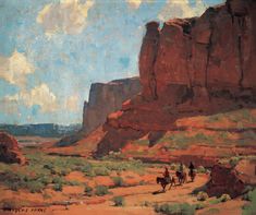 an oil painting of people riding horses in the desert by some rocks and grass,