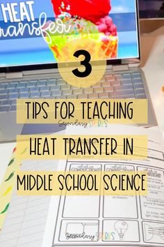 laptop with heat transfer powerpoint slide. Notebook open with heat transfer guided notes glued inside Energy Transfer Activities, Thermal Energy Activities, Heat Transfer Activities, Heat Transfer Science, Teaching Energy, Middle School Chemistry, Teaching Secondary