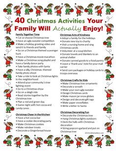 a christmas activity list for kids with santa clause and elves on the front, which includes information about family activities