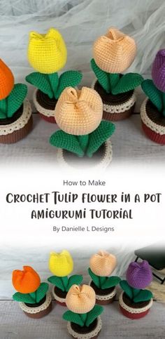 crochet tulip flowers in a pot with text overlay