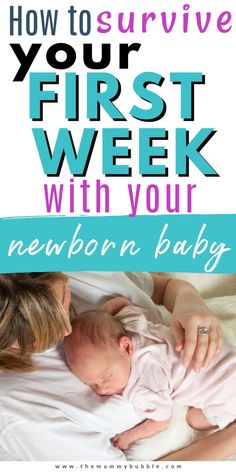 a woman holding her baby in bed with the words how to survive your first week with your newborn