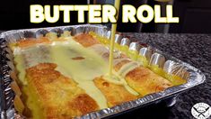 a pan filled with food covered in butter