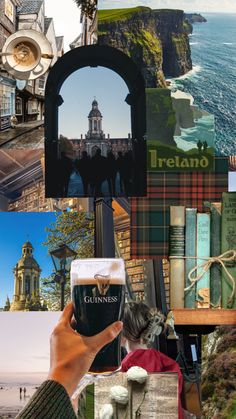 the collage shows many different things in this photo, including books and beer glasses