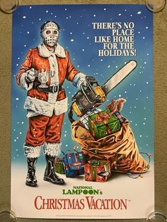 a christmas poster with a santa clause holding a chainsaw and presents in front of him