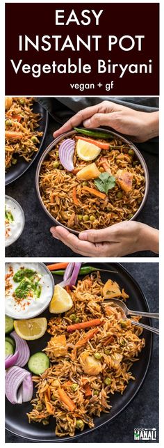 two plates filled with vegetable biriyani next to another plate full of vegetables