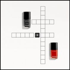 three nail polishes are arranged on a cross - shaped puzzle board with the word chanel written across it