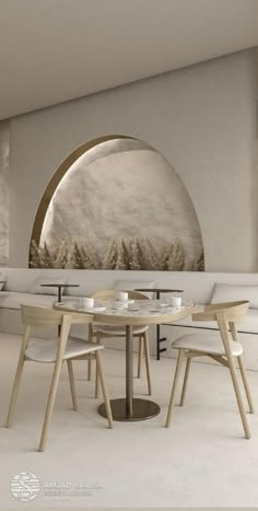 the interior of a modern restaurant with white furniture and an arch - shaped wall mural