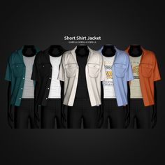 an assortment of shirts and pants on display in front of a black background with the words short shirt jacket