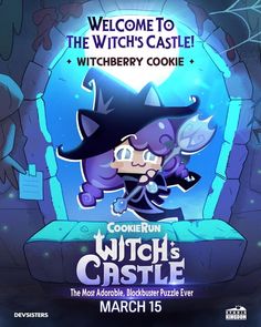 an advertisement for the witch's castle at night, featuring a cartoon character in a witches costume