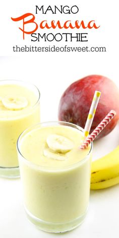 two glasses filled with banana smoothie next to an apple