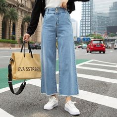 Jeans Women Loose Ankle-length High Waist Denim Womens Wide Leg Korean Fashion Females Hot Sale Comfortable Casual Students Chic Straight Leg Jeans Women, High Waist Wide Leg Jeans, Jeans Woman, Streetwear Jeans, Blue Denim Pants, Ankle Length Jeans, Korean Fashion Women, Denim Material, Women Denim Jeans