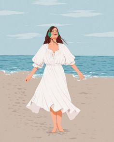 a woman in a white dress is walking on the beach