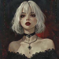 a painting of a woman with white hair and red eyes wearing a choker necklace