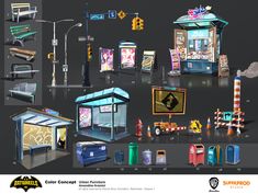 an assortment of different types of street lights, signs, and advertisements on a black background