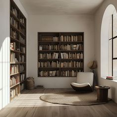 a living room filled with lots of books next to a tall book shelf full of books