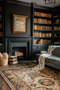 a living room with bookshelves, couch and rug in front of the fireplace