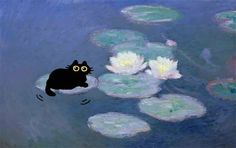 a black cat sitting on top of lily pads