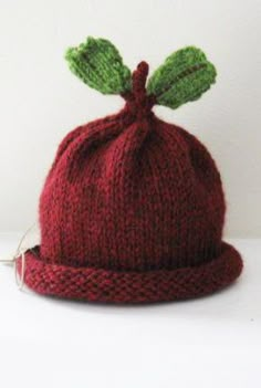 a knitted red hat with green leaves on top, sitting against a white wall