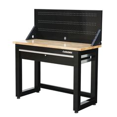 a workbench with a wooden top and metal frame on the bottom, in front of a white background