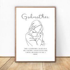 a black and white drawing of a mother holding her baby in her arms with the words godmoter above it