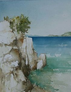 a watercolor painting of rocks and trees on the beach